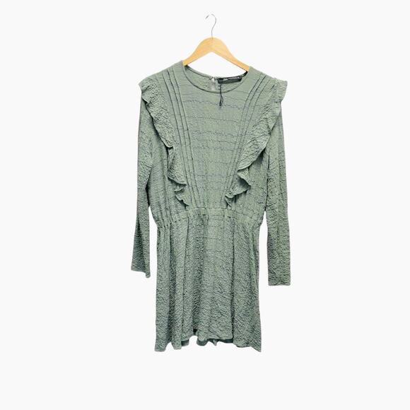 NWOT Zara Ruffled Mini Dress Striped Blue and Green Women’s Size XL - Picture 3 of 9